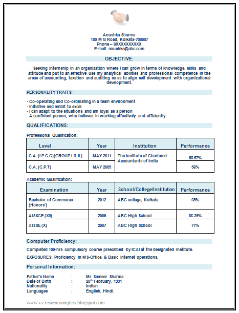 ... Download Link for Chartered Accountant (CA) Articleship Resume Sample
