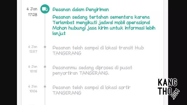 Pesanan sedang tertahan sementara karena Terlambat mengikuti jadwal mobil operasional. Mohon hubungi jasa kirim untuk informasi lebih lanjut