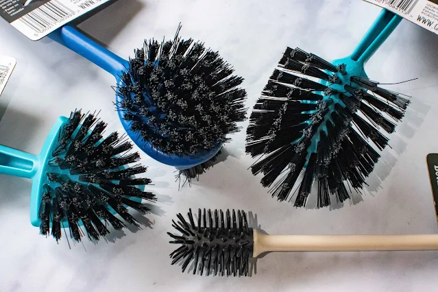 Close up of the recycled plastic fibres on the brushes and the gentle cleaning bristles on the bottle brush