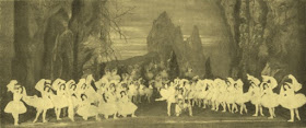 Marius Petipa's final revival of La Bayadère, with the stage of the Mariinsky Theatre shown in the scene The Kingdom of the Shades. In the center is Mathilde Kschessinskaya as Nikiya, Pavel Gerdt as Solor and the Corps de ballet. 