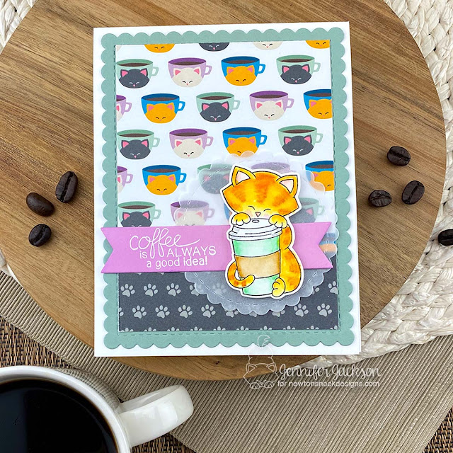 2021 Fall/Winter Coffee Lovers Blog Hop | Coffee and Cat Card by Jennifer Jackson | Newton Loves Coffee Stamp Set, Circle Frames Die Set, Frames & Flags Die SEt and Coffee House Stories Paper Pad by Newton's Nook Designs #newtonsnook #handmade