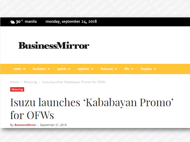 Are you an OFW who is planning to buy a car that your family can use whether for personal or in a business? Isuzu Philippines is giving P20,000 off to all overseas Filipino workers (OFW) who will purchase any of the two vehicles under their promo.   In these times that everything is getting very expensive, a discount like this means a lot of saving especially to an OFW family. Just go to the nearest Isuzu dealer and avail of this discount promo especially tailored for OFWs.    Ads      Sponsored Links   For the millions of tireless overseas Filipino workers (OFWs), as a way to show their appreciation, Isuzu Philippines Corp. (IPC) has launched “Isuzu Kababayan Promo” that would give cash discounts to OFWs who will purchase an Isuzu mu-X and/or an Isuzu D-MAX (excluding the Flexiqube variant) from September 1 to December 31.    The “Isuzu Kababayan Promo” can be availed in all Isuzu dealers across the country. Qualified OFWs will be given a P20,000 cash discount. If the OFW is already an existing Isuzu owner, there will be an additional P10,000 cash discount for them. These discounts will be given on top of other existing promos.    The OFWs may visit any Isuzu dealer and present supporting documents showing he or she is currently employed as an OFW (such as a photocopy of the Passport/POEA/Seaman’s book), one valid government ID. for existing Isuzu owners in order to avail the additional P10,000 discount, they have to present a copy of the OR/CR of the buyer’s current Isuzu vehicle.       Upon purchase of the brand-new Isuzu mu-X or D-MAX, the buyer will then be asked to fill out a form to officially make him or her an Isuzu Kababayan Member. The purchased vehicle’s ownership can be named after the buyer or a member of his or her immediate family.  The cash discount can be converted to avail themselves of Isuzu genuine accessories in the equivalent amounts.  The “Isuzu Kababayan Promo” is a way of showing support to the overseas Filipino, and as a gratitude to OFWs and their families who have given their trust to the Isuzu brand.  Filed under the category of OFW, business, Isuzu Philippines, overseas Filipino workers,  promo, discount, OFW family    Ads      Read More: