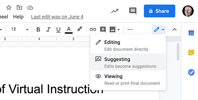 Location of the Suggesting Edits menu in a Google Doc window