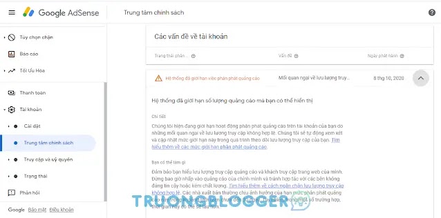 Vấn đề giới hạn việc phân phát quảng cáo trên tài khoản AdSense