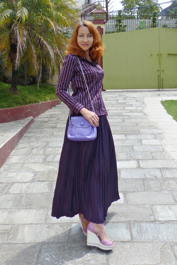 silk pleated maxi skirt worn with shirt and wedges 