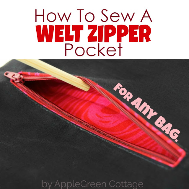 Learn how to sew a welt zipper pocket on any bag. Tutorial by Apple Green Cottage