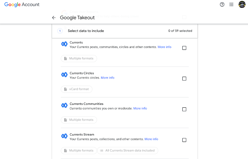 Screenshot of Google Takeout showing Currents archive options