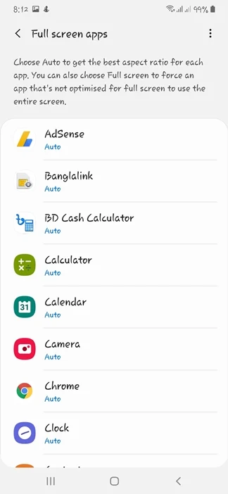 Full Screen Apps option on Samsung A50