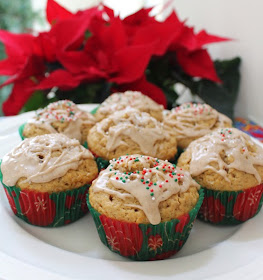 Food Lust People Love: These delicious eggnog muffins with eggnog glaze are redolent with bourbon, eggnog, brown sugar, cinnamon and nutmeg, are perfect for an easy Christmas morning breakfast or afternoon treat.