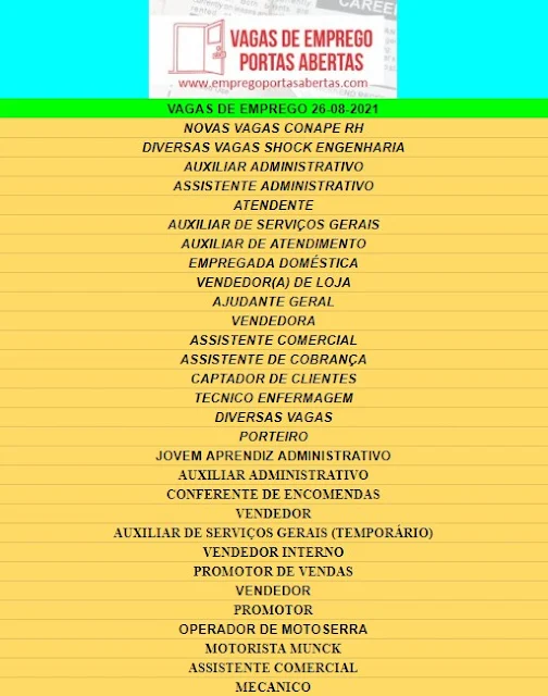 NOVAS VAGAS CONAPE RH, DIVERSAS VAGAS SHOCK ENGENHARIA, AUXILIAR ADMINISTRATIVO, ASSISTENTE ADMINISTRATIVO, ATENDENTE, AUXILIAR DE SERVIÇOS GERAIS, AUXILIAR DE ATENDIMENTO, EMPREGADA DOMÉSTICA, VENDEDOR(A) DE LOJA, AJUDANTE GERAL, VENDEDORA, ASSISTENTE COMERCIAL, ASSISTENTE DE COBRANÇA, CAPTADOR DE CLIENTES, TECNICO ENFERMAGEM, DIVERSAS VAGAS, PORTEIRO, JOVEM APRENDIZ ADMINISTRATIVO, AUXILIAR ADMINISTRATIVO, CONFERENTE DE ENCOMENDAS, VENDEDOR, AUXILIAR DE SERVIÇOS GERAIS (TEMPORÁRIO), VENDEDOR INTERNO, PROMOTOR DE VENDAS, VENDEDOR, PROMOTOR, OPERADOR DE MOTOSERRA, MOTORISTA MUNCK, ASSISTENTE COMERCIAL, MECANICO,