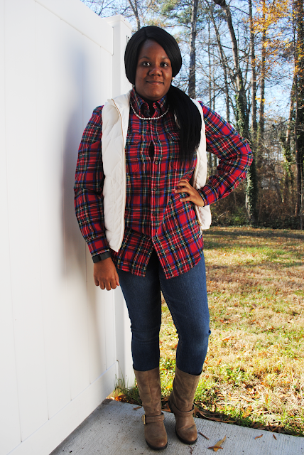 An fall/winter outfit inspiration post featuring a plaid flannel shirt, J. Crew Factory vest, and boots.