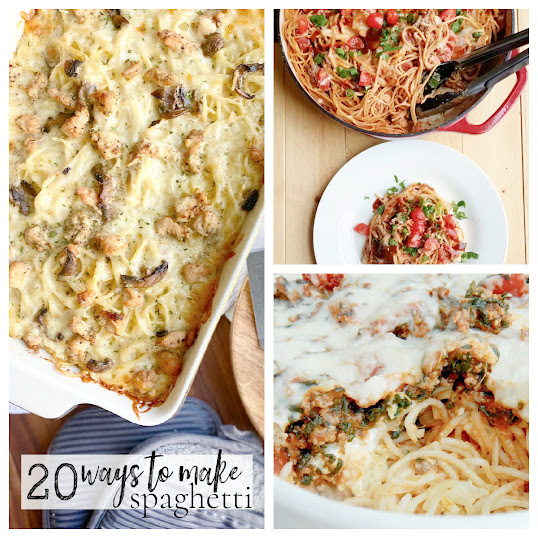 Collage of spaghetti pastas in baking dishes and on dinner plates.