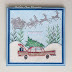 Christmas card with a car and flying Santa