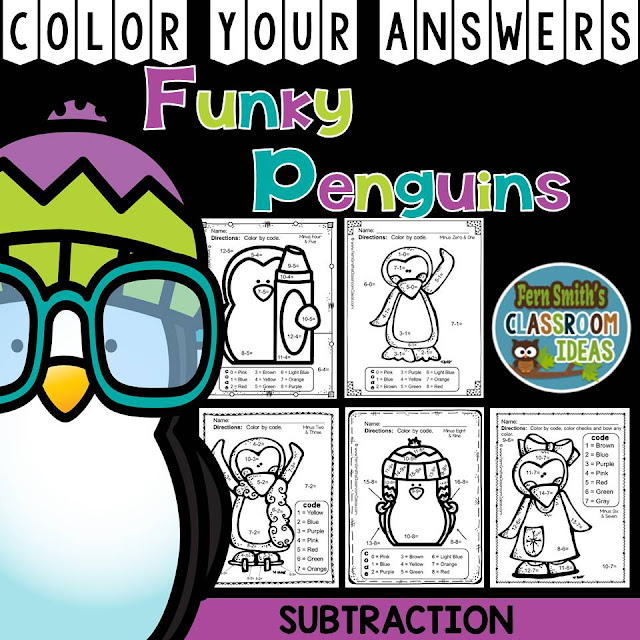 Fern Smith's Classroom Ideas - Winter Math: Winter Fun! Funky Penguins Subtraction Facts - Color Your Answers Printables for Winter Subtraction at TeacherspayTeachers, TpT.