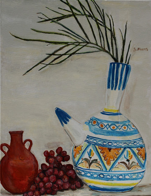 still-life, art, arte, painting, water-pots, ceramics, pintura, natura, morte, grapes, pitcher, pottery, vessel, leaves, fruit, water, acrylic, canvas, large, colours, painted, sarah, myers, artist, palm, palms, fronds, decor, yellow, blue, red, contemporary, modern