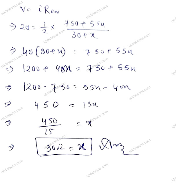 The series combination of two batteries, both of the same emf 10V, but different internal resistance of 20Ω and 5Ω, is connected to the parallel combination of two resistors 30Ω and R Ω. The voltage difference across the battery of internal resistance 20Ω is zero, the value of R (in Ω is _____).