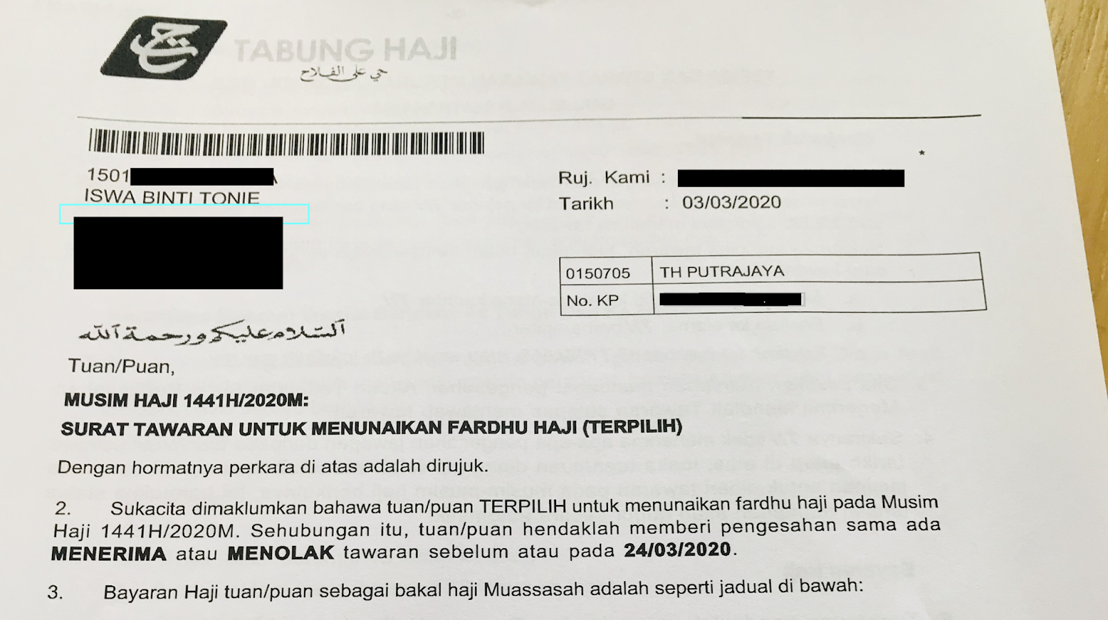 Alhamdulillah Dapat Tawaran Haji 1441H/2020  The Masterpiece