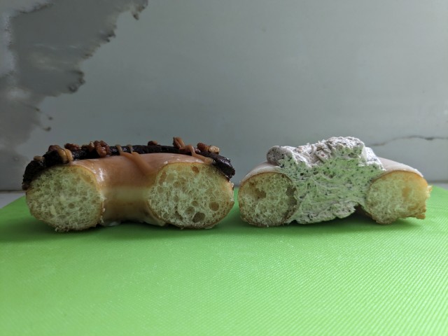 Cross-section of Krispy Kreme Caramel Brownie Donut and Cinnamon Latte Donut.