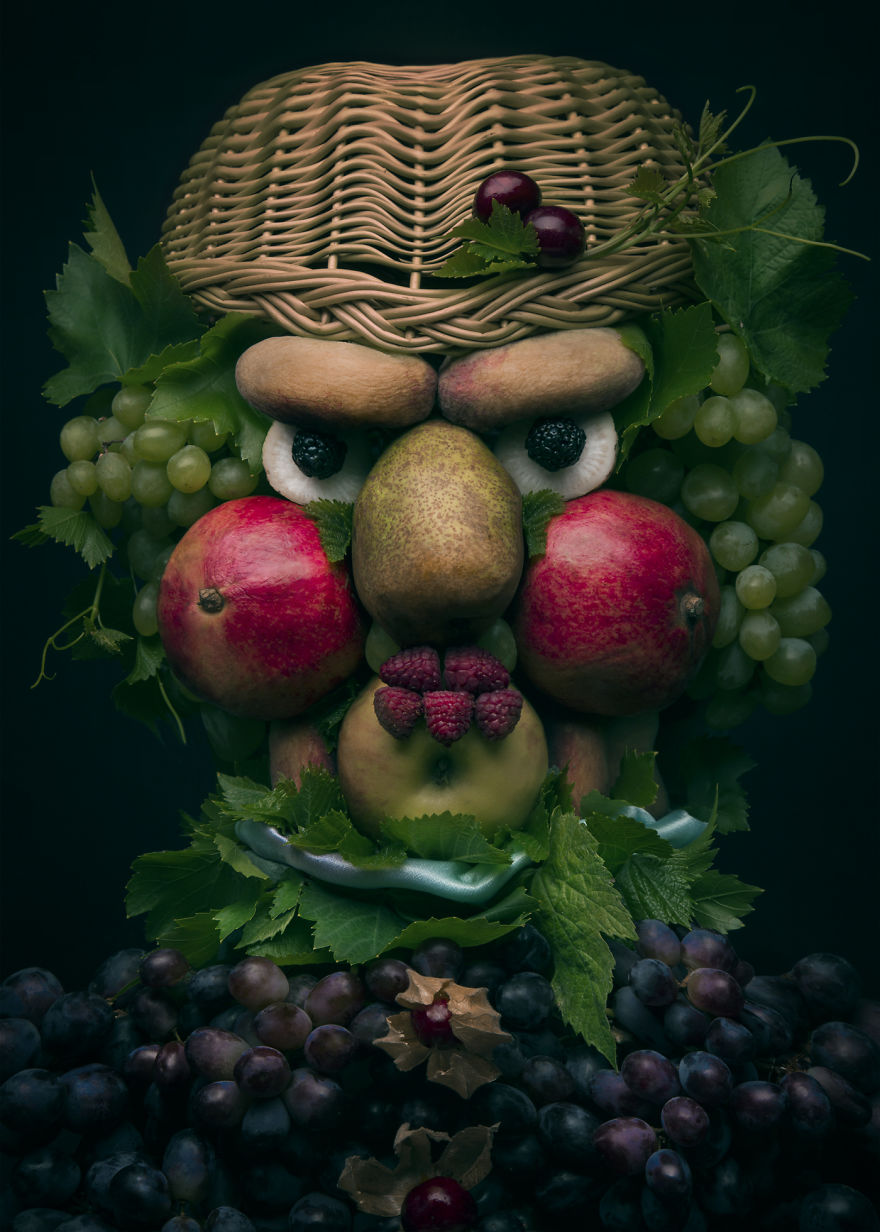 アルチンボルトのオマージュ作品 本物の野菜や果物で人の顔を描いた A ミライノシテン