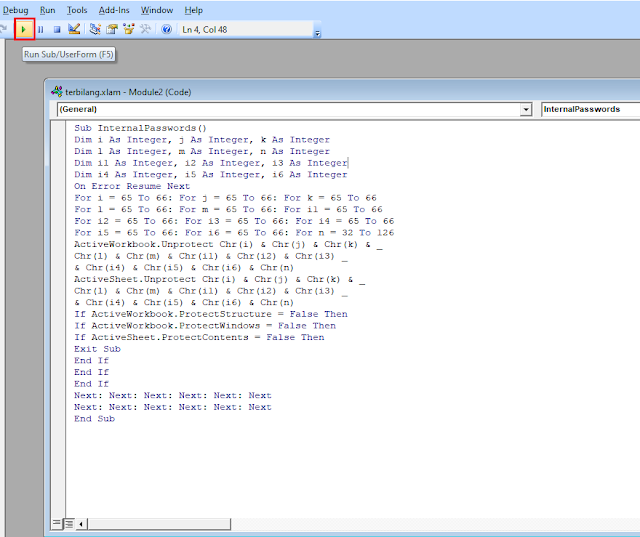 running code module buka protect sheet excel