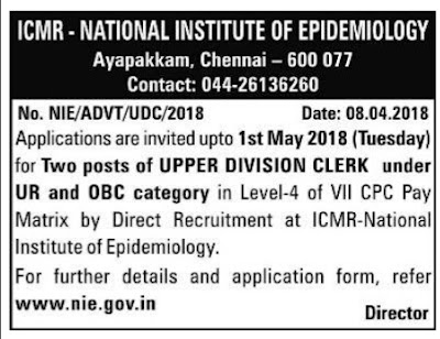 ICMR Chennai Clerk Post Vacancy 2018