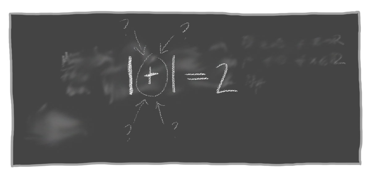 Liitutaululla kysymys: 1+1=2, mutta mitä tarkoittaa plus?