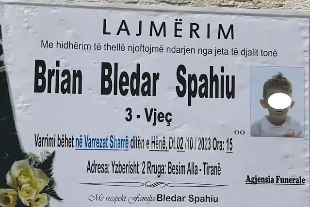 Il necrologio del bambino Brajan Spahiu a Tirana