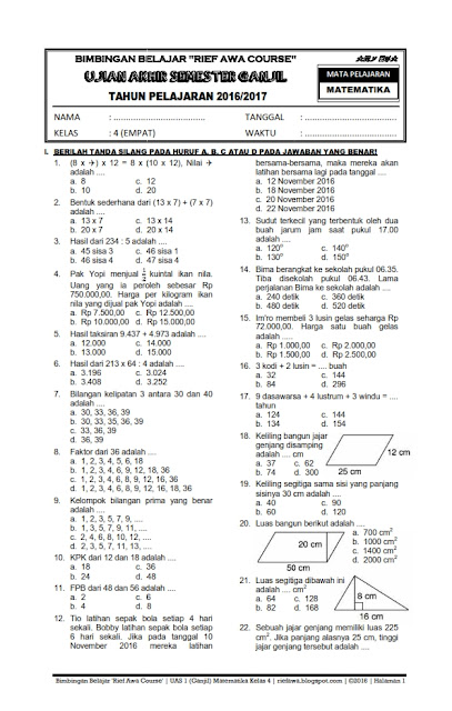 Download Soal UAS Ganjil Matematika Kelas 4 Semester 1 T A 2016 2017 Rief Awa Blog