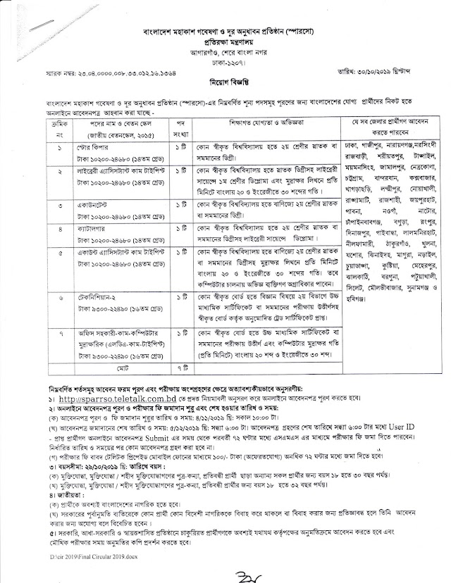 বাংলাদেশ মহাকাশ গবেষণা ও দুর অনুধাবন প্রতিষ্ঠান (স্পারসো) চাকরির খবর