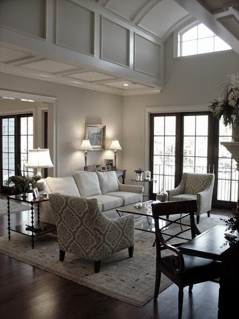 gray living room with black trim windows