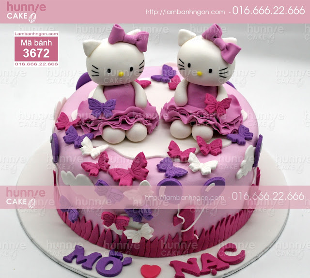 Bánh gato sinh nhật hình Hello Kitty sinh đôi tặng các bé gái