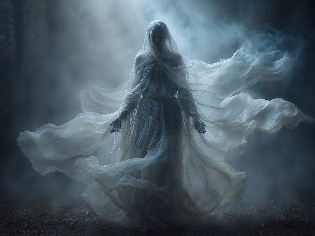 Imagen surrealista de una mujer fantasma en un entorno oscuro.