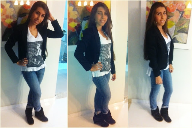 blazer preto, jeans, sneakers