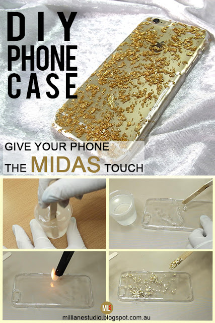 Personalise your phone case with this easy DIY tutorial using resin and gold leaf flakes.