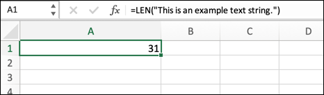 مثال على دالة LEN في Excel ، يعرض طول سلسلة نصية موضوعة في الصيغة مباشرة.