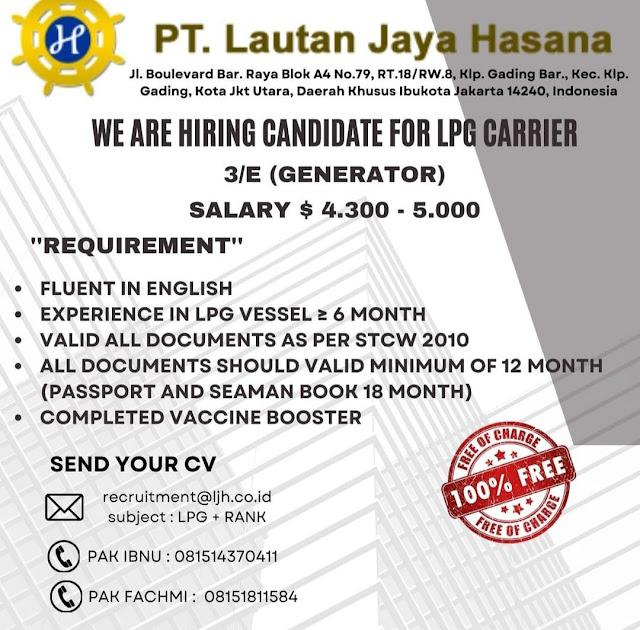 Loker Electrician, AB, 3rd Engineer Kapal LNG LPG Carrier Nov 2023