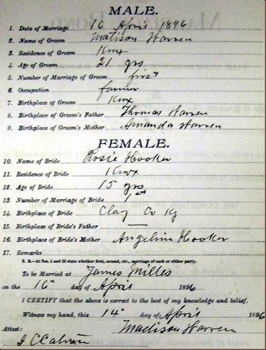 Rosa Rosie Hooker Hobbs Warren marriage certificate