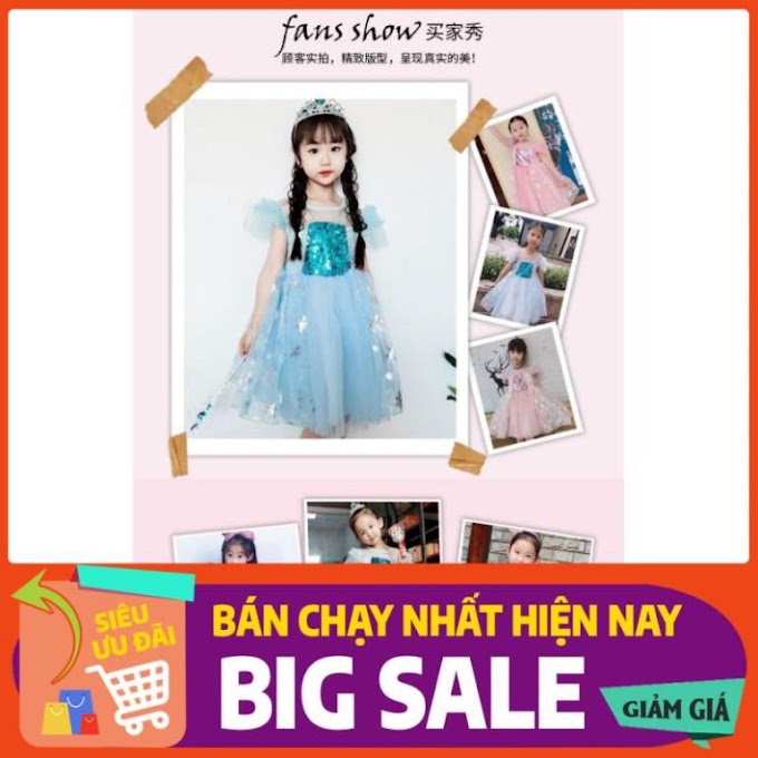 [Mã FASHIONRN15 hoàn ngay 15k xu đơn từ 99k] Váy Elsa + Vương Miện + Đũa Thần + Tóc Giả Cho Bé