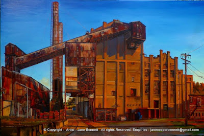 Industrial Heritage and urban decay - Plein air oil painting of the White Bay Power Station by artist Jane Bennett