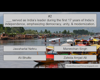 ___ served as India’s leader during the first 17 years of India’s independence, emphasizing democracy, unity, & modernization. Answer choices include: Jawaharlal Nehru, Manmohan Singh, Ali Bhutto, Zahida Amjad Ali