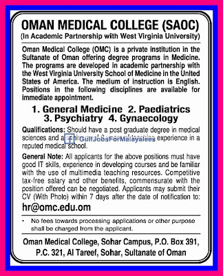 Jobs For Oman Medical College