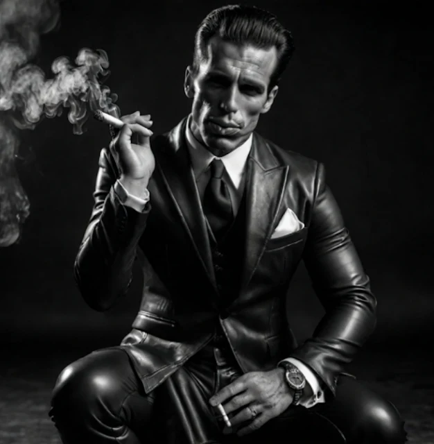Black and white handsome man smoking wearing a black leather suit