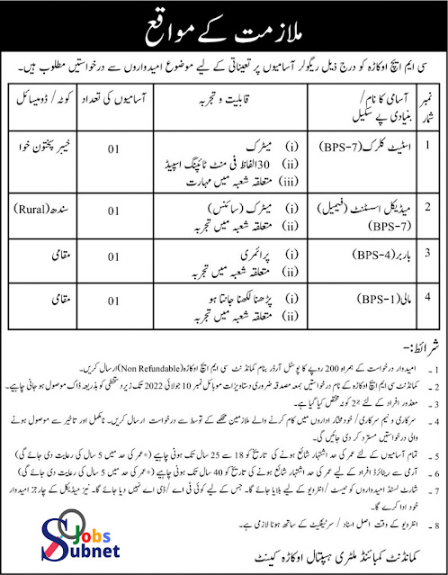 Pak Army Combined Military Hospital CMH Govt Jobs 2022