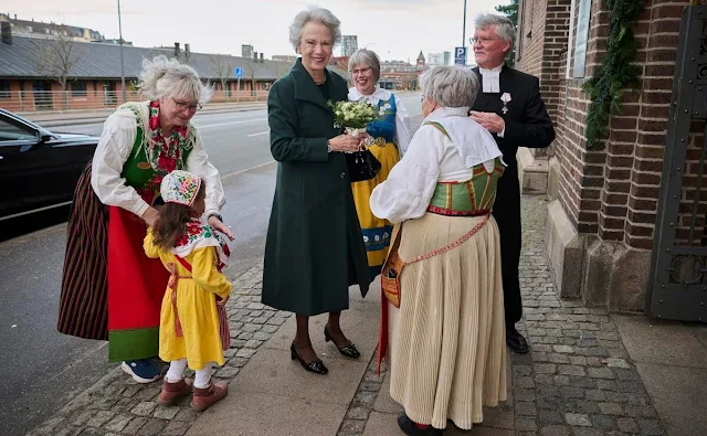 Princess Benedikte wore a green wool coat by MaxMara. The 2023 Christmas Bazaar of Swedish Gustaf's Church
