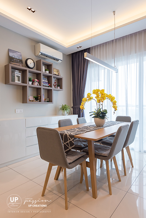 royal regent condo wood dining table with white color console cabinet, mid tone fabric texture wall shelf and ceiling covelight