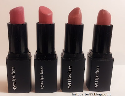 ELF Mineral Lipstick: da sinistra a destra Pouty Petal, Party Pink, Rosy Raisin e Runaway Pink.