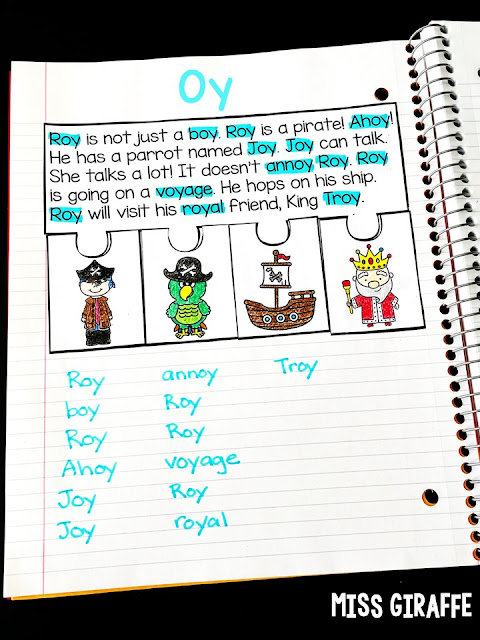 OY sound reading practice comprehension and phonics activity where kids complete a puzzle to sequence the story and also write the words