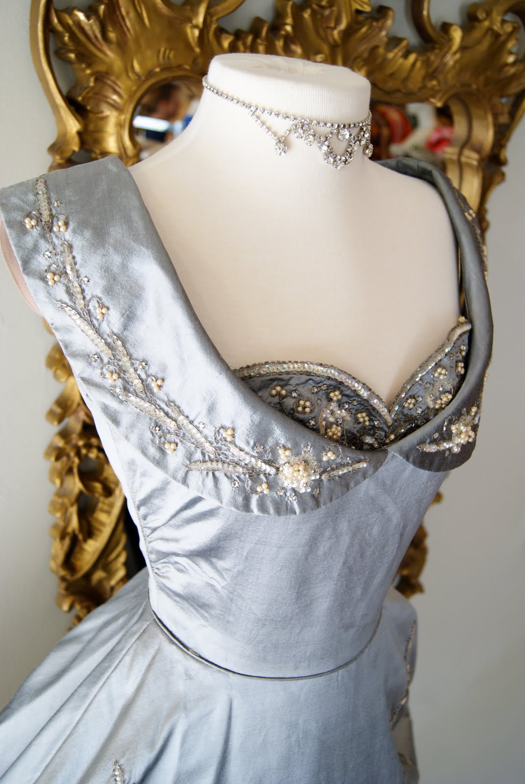 Exquisite 1950's silk cocktail dress in steel blue encrusted in pearls ...
