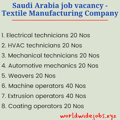 Saudi Arabia job vacancy - Textile Manufacturing Company