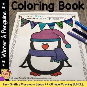 Winter and Penguins Coloring Pages Bundle - 68 Pages of Winter Penguin Coloring Book Fun